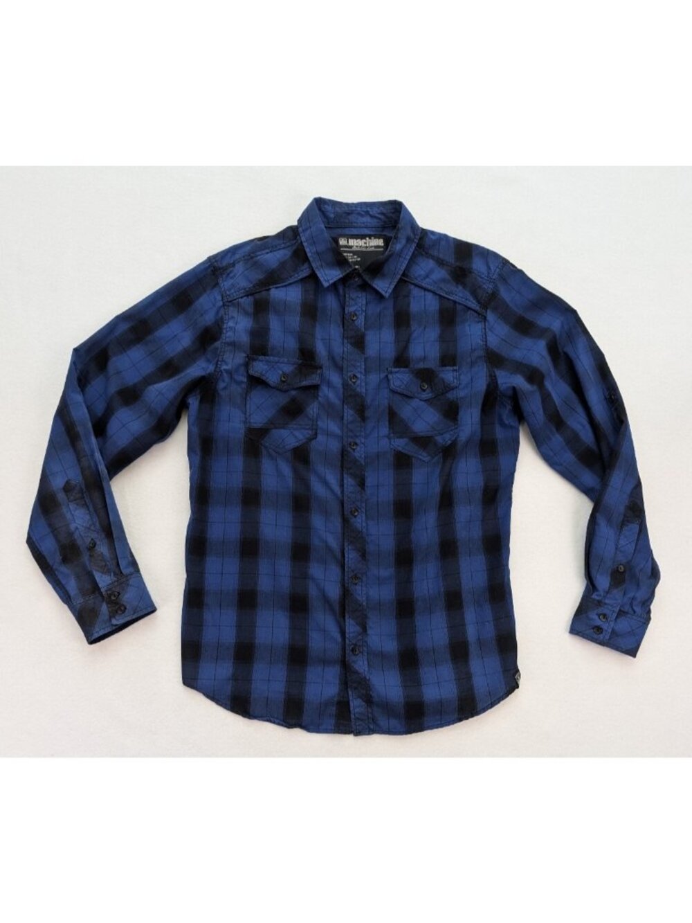 MK Machine Push The Limit Men's Button-Up Shirt Size L Blue Plaid Long Sleeve